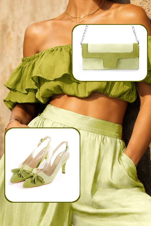 Women's pistachio green and meadow green elegant slingback heels, with a bow on the front. Tapered toe. High slim heel - Top view